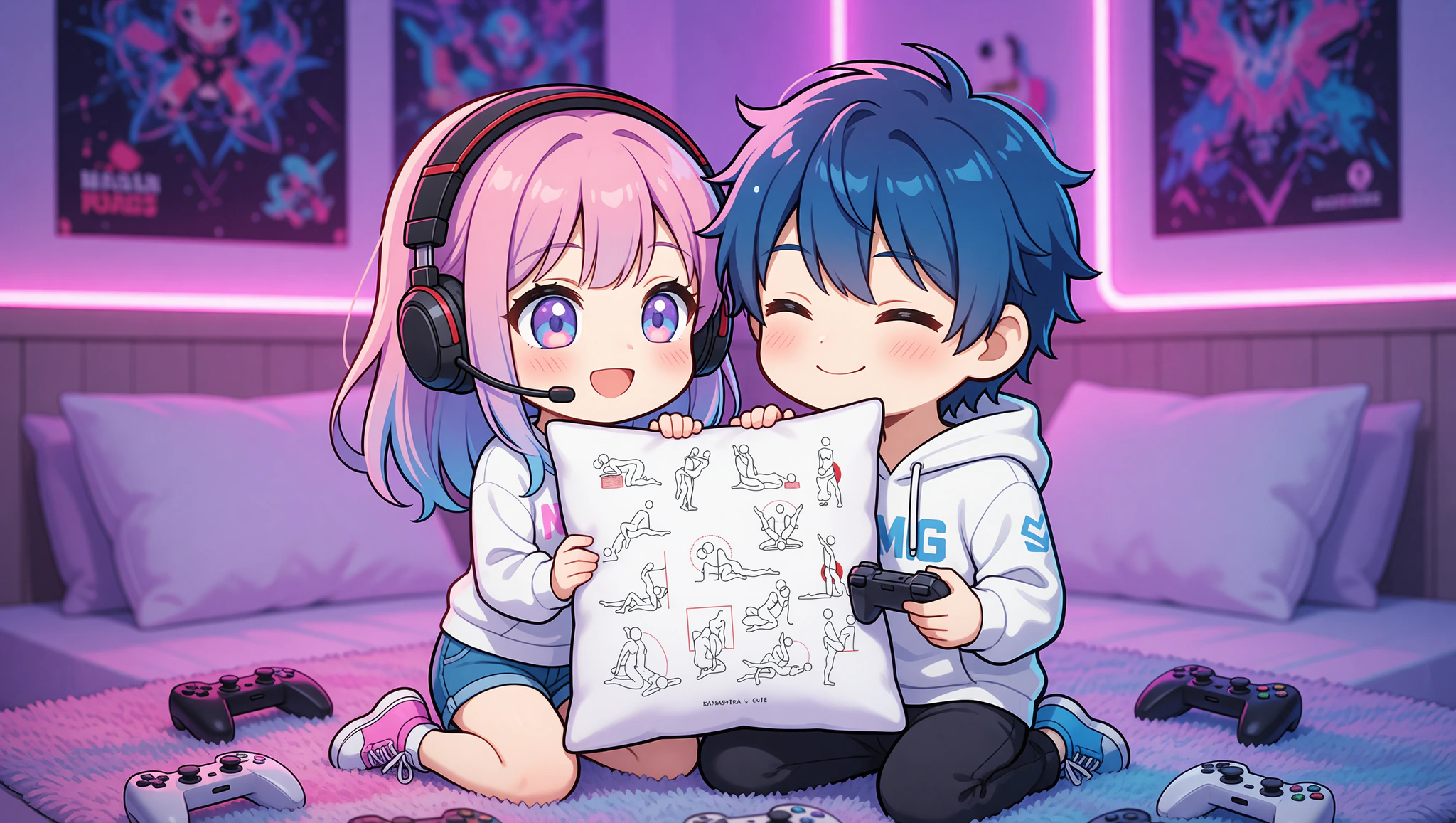 Gamer couple, a man and a woman, leveling up intimacy in a fun bedroom sexposition.