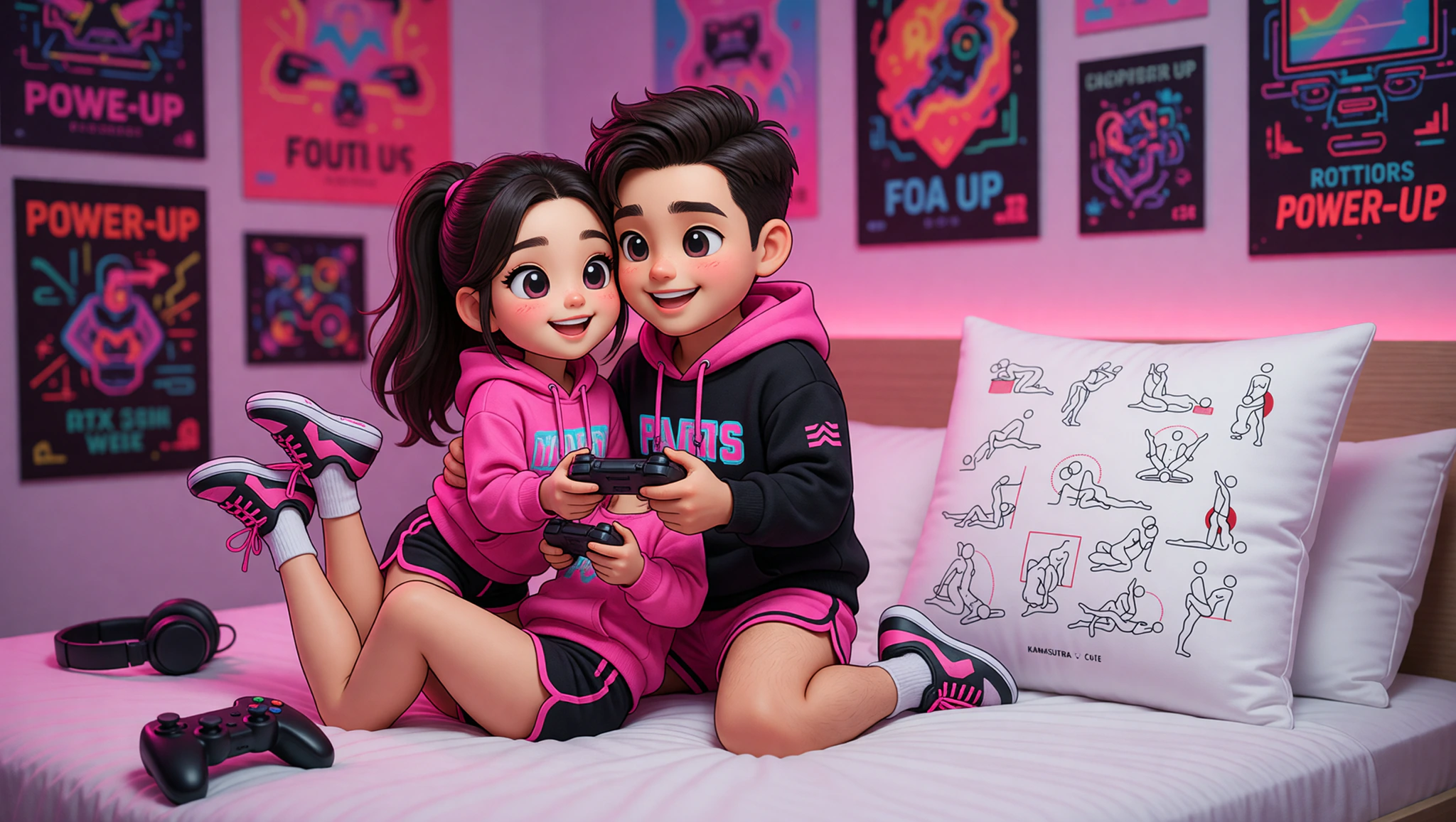 Gamer couple enjoying a power-up missionary sexposition in their themed bedroom.