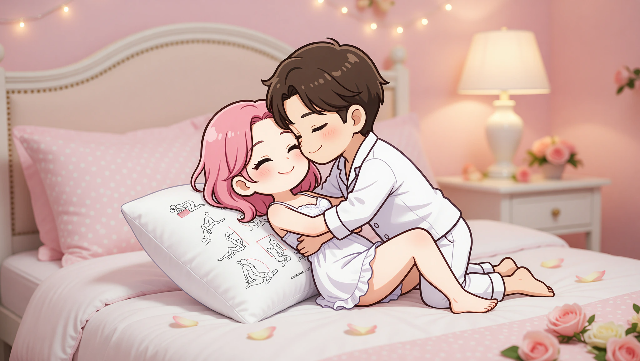 A loving man and woman exploring an anniversary spark position with a supportive cute pillow in a cozy bedroom.