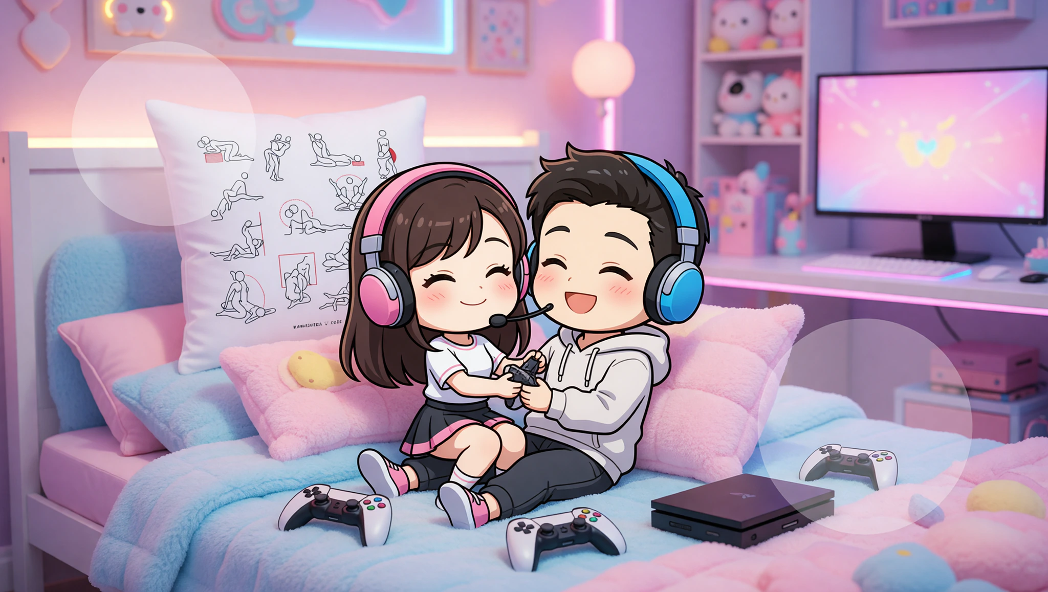 A gamer couple enjoying Controller Cowgirl position amid bedroom gaming setup.