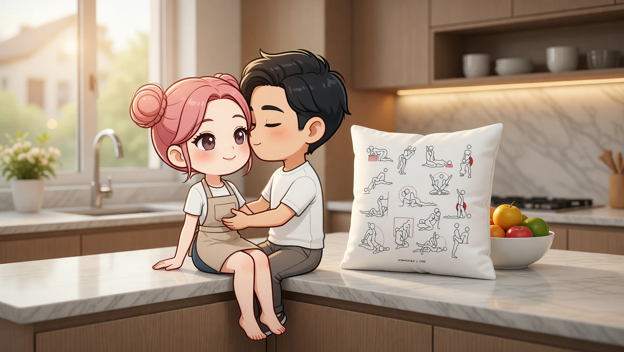 A man and woman passionately exploring a countertop sex position in a sleek kitchen setting.