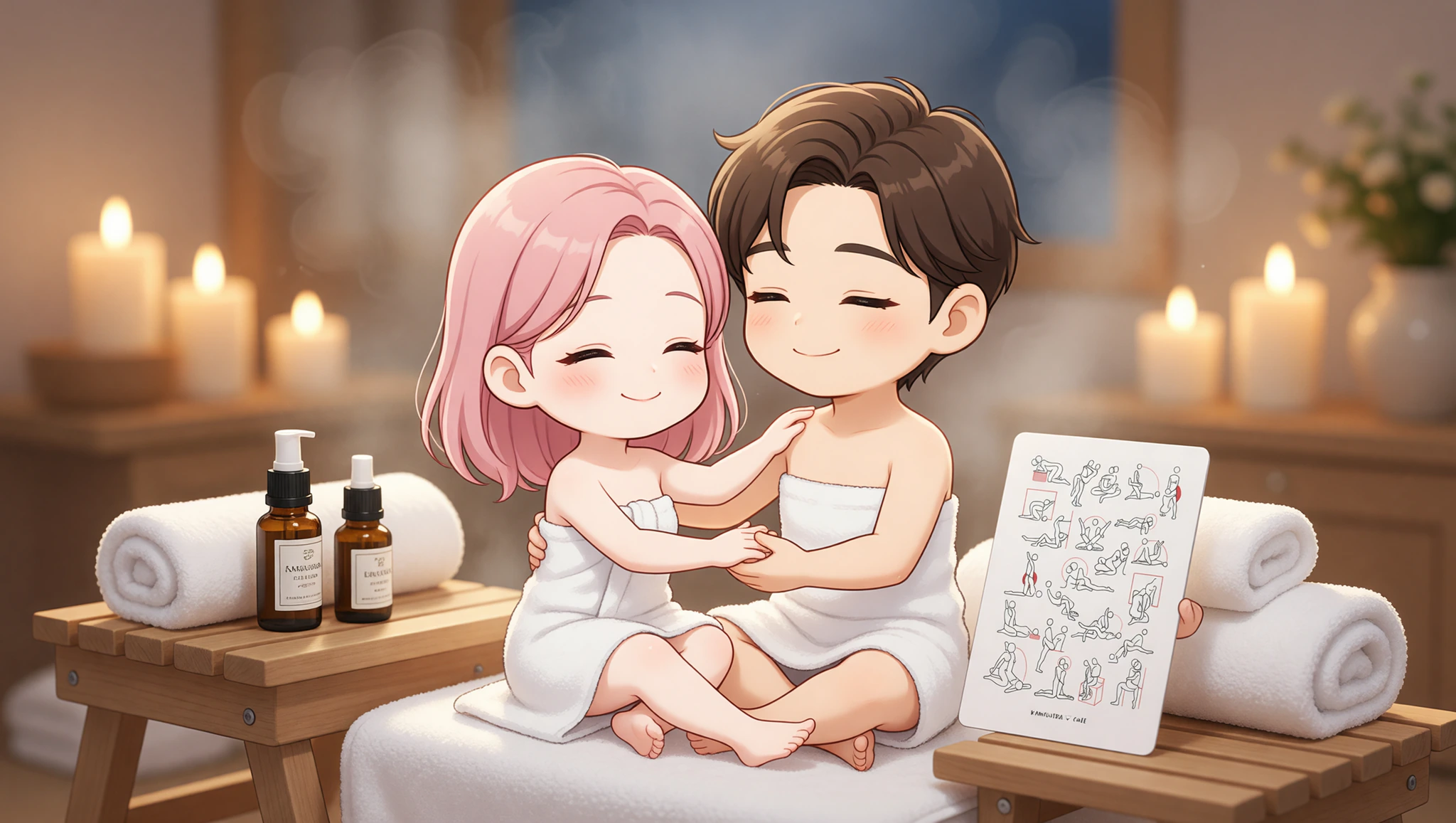 A couple immersed in a relaxing Kamasutra spa lotus caress with flowing oil touches.