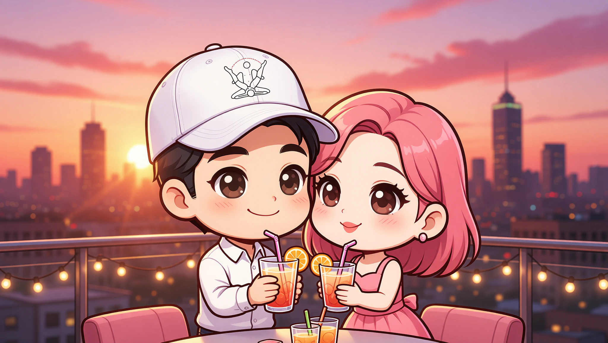 Couple in Kamasutra Cute Dad Hat enjoying rooftop sunset date