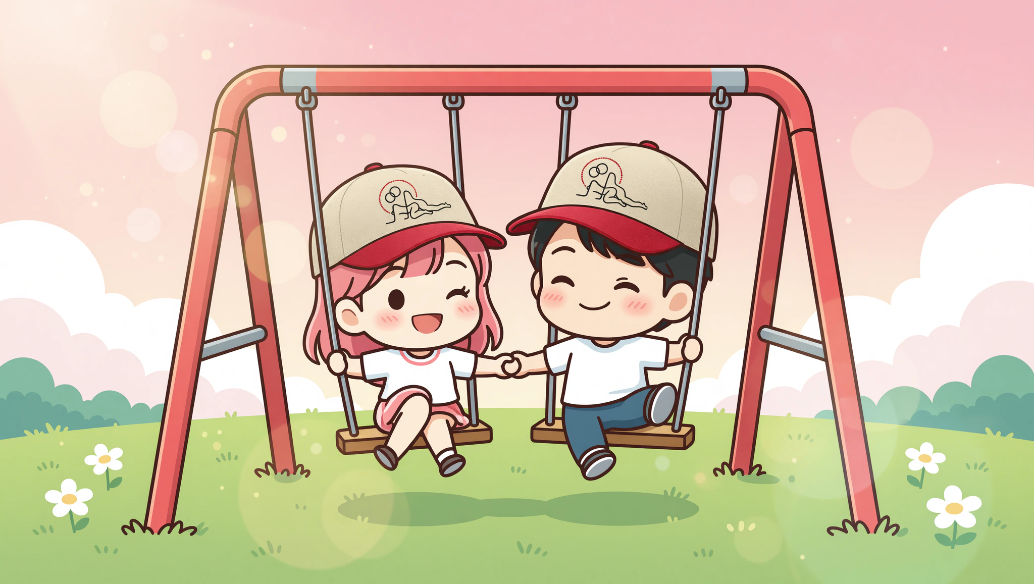 Chibi couple in Kamasutra caps swinging flirtatiously at park