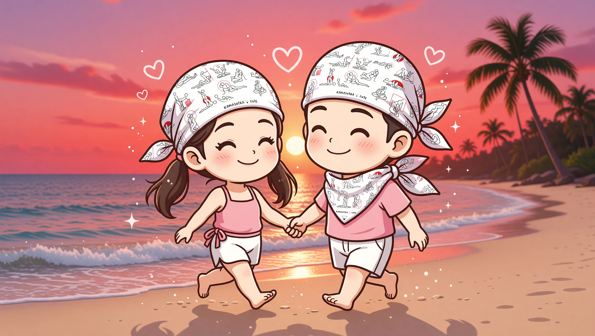 Chibi couple in Kamasutra bandanas on romantic sunset beach stroll.