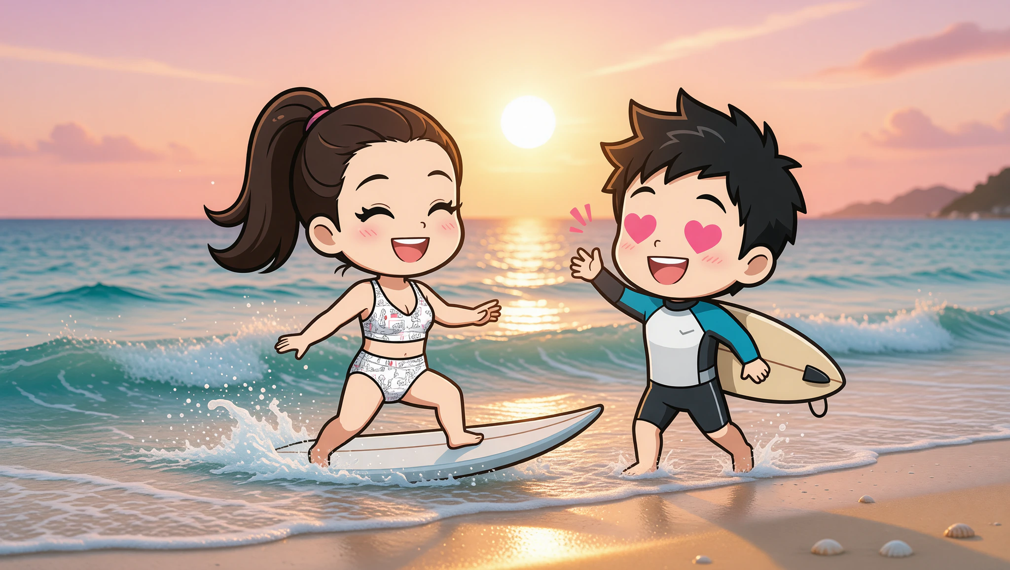 Couple enjoying surf lesson date morning in Kamasutra Cute bikini on sunny beach.