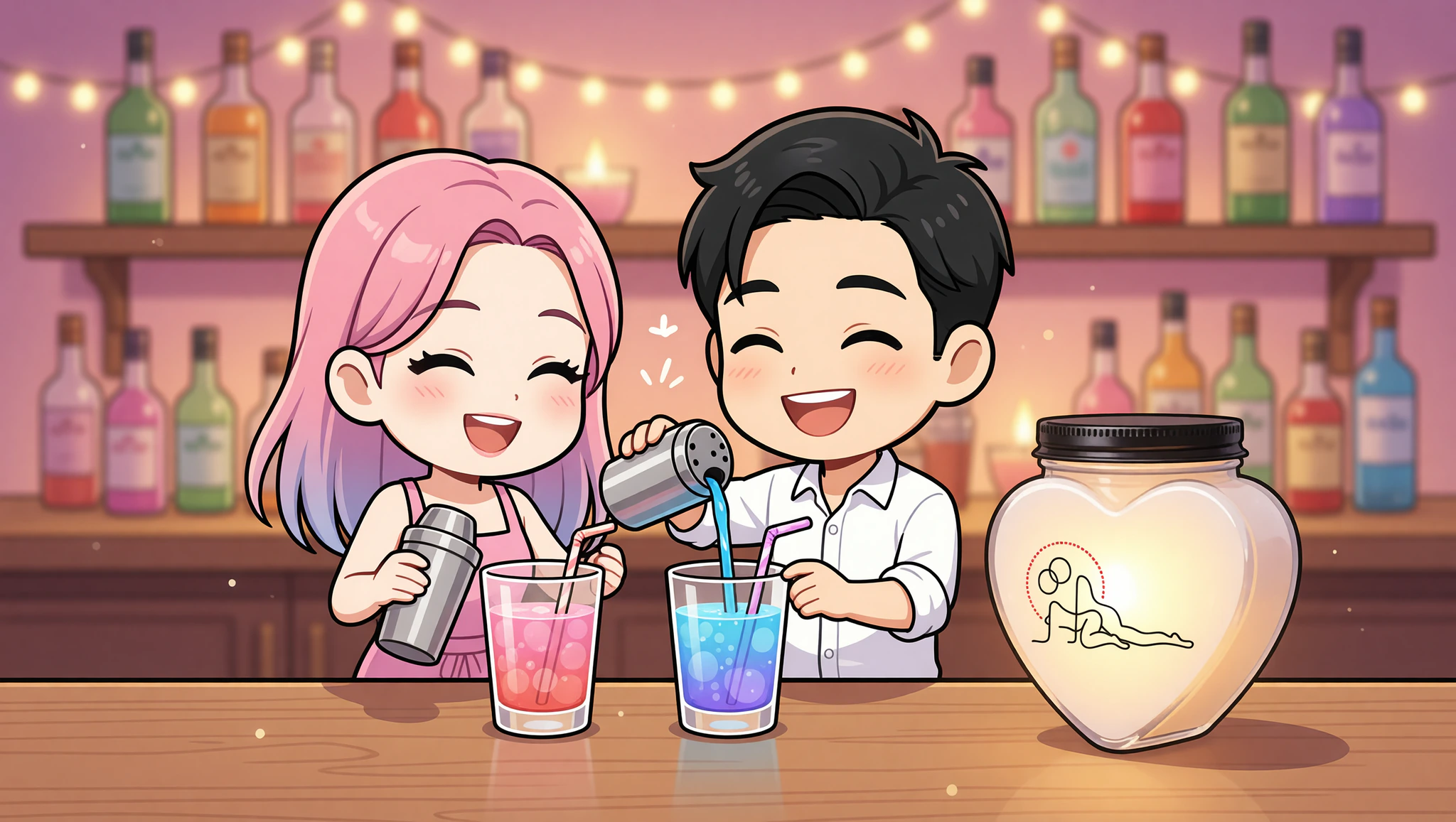 Chibi couple mixing cocktails by Kamasutra candlelight
