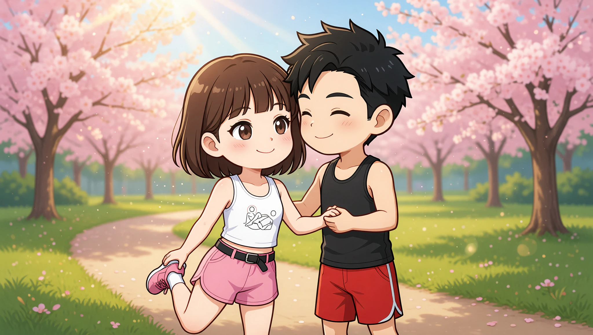 Couple in Kamasutra Cute Crop Top enjoying flirty post-jog stretches in park