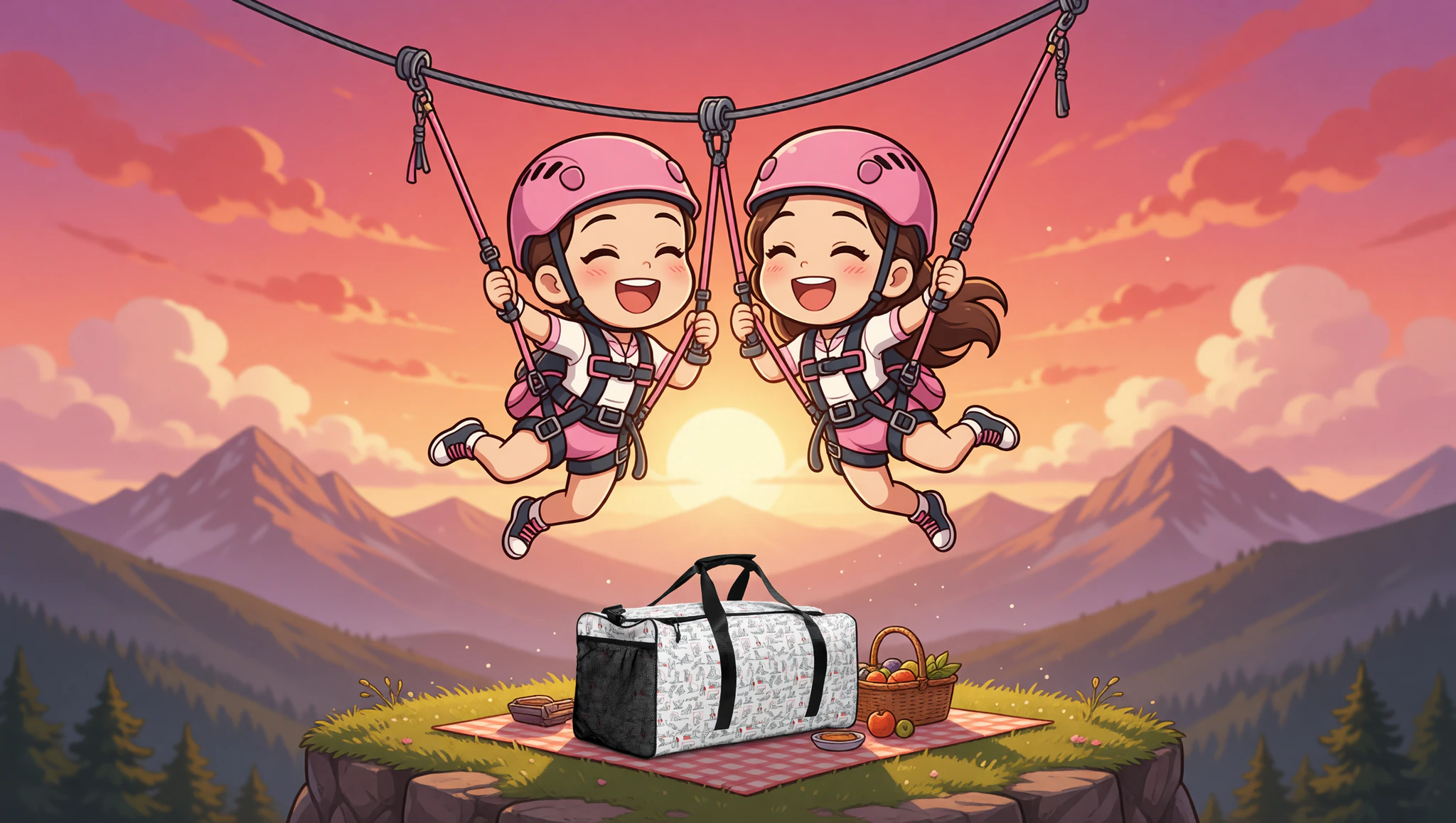 Adventurous couple enjoying zip-line date with Kamasutra Cute - Duffle bag packed for thrills.