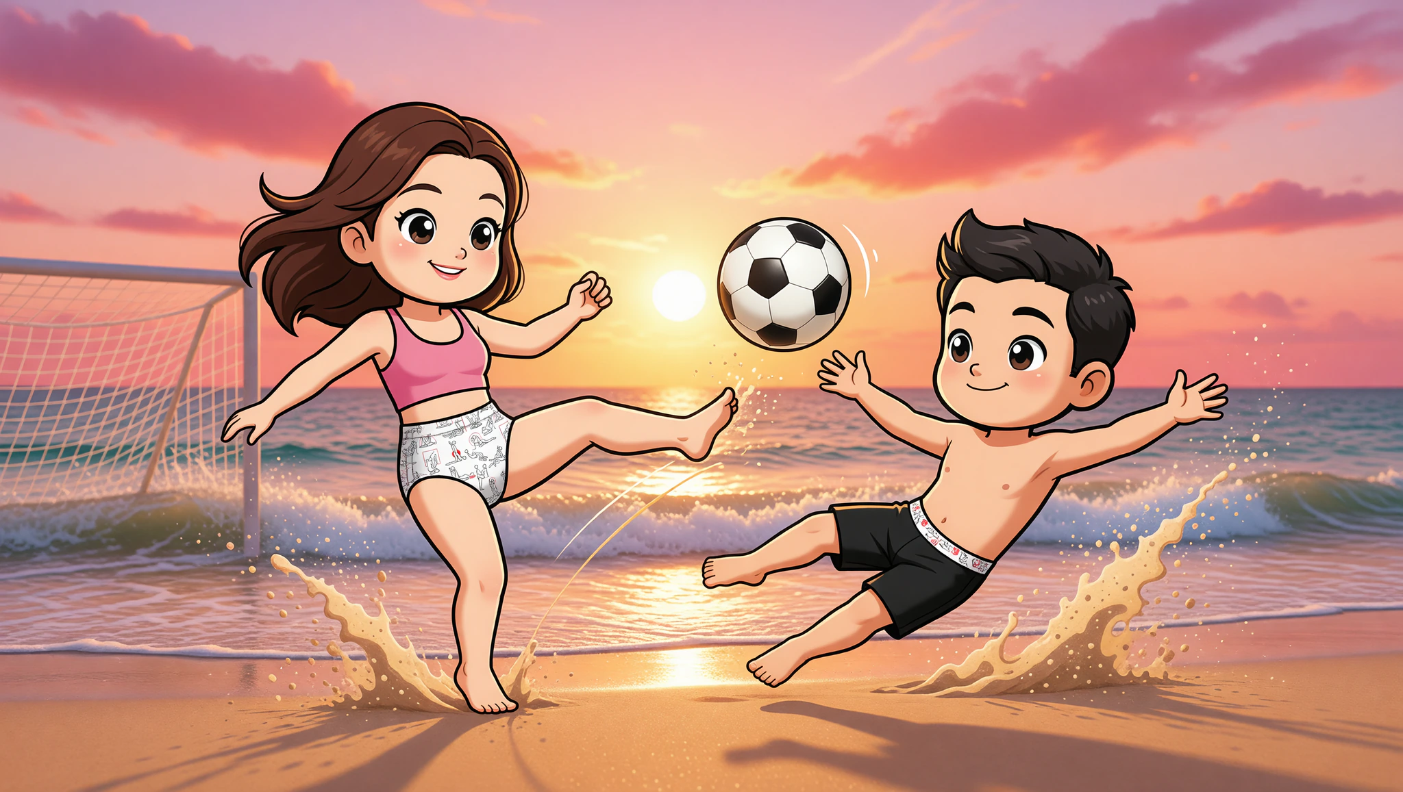 Couple playing flirty beach soccer in Kamasutra Cute high-waisted bikini.