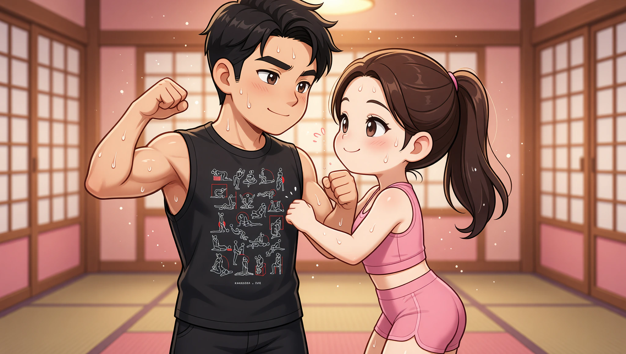 Couple sparring playfully on martial arts date, man in Kamasutra Cute - Muscle Shirt