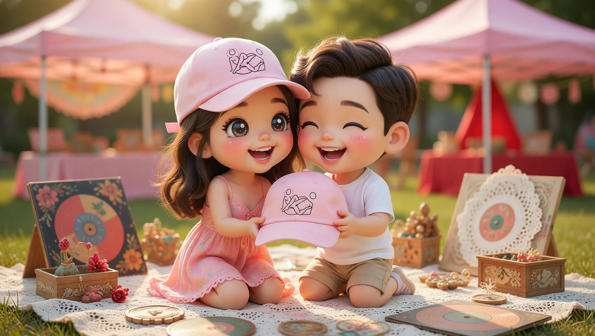 Couple on swap meet treasure hunt wearing Kamasutra Cute pastel baseball hats.