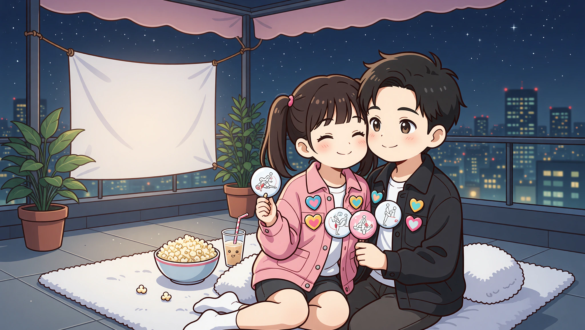 Chibi couple on rooftop cinema date with Kamasutra pin buttons