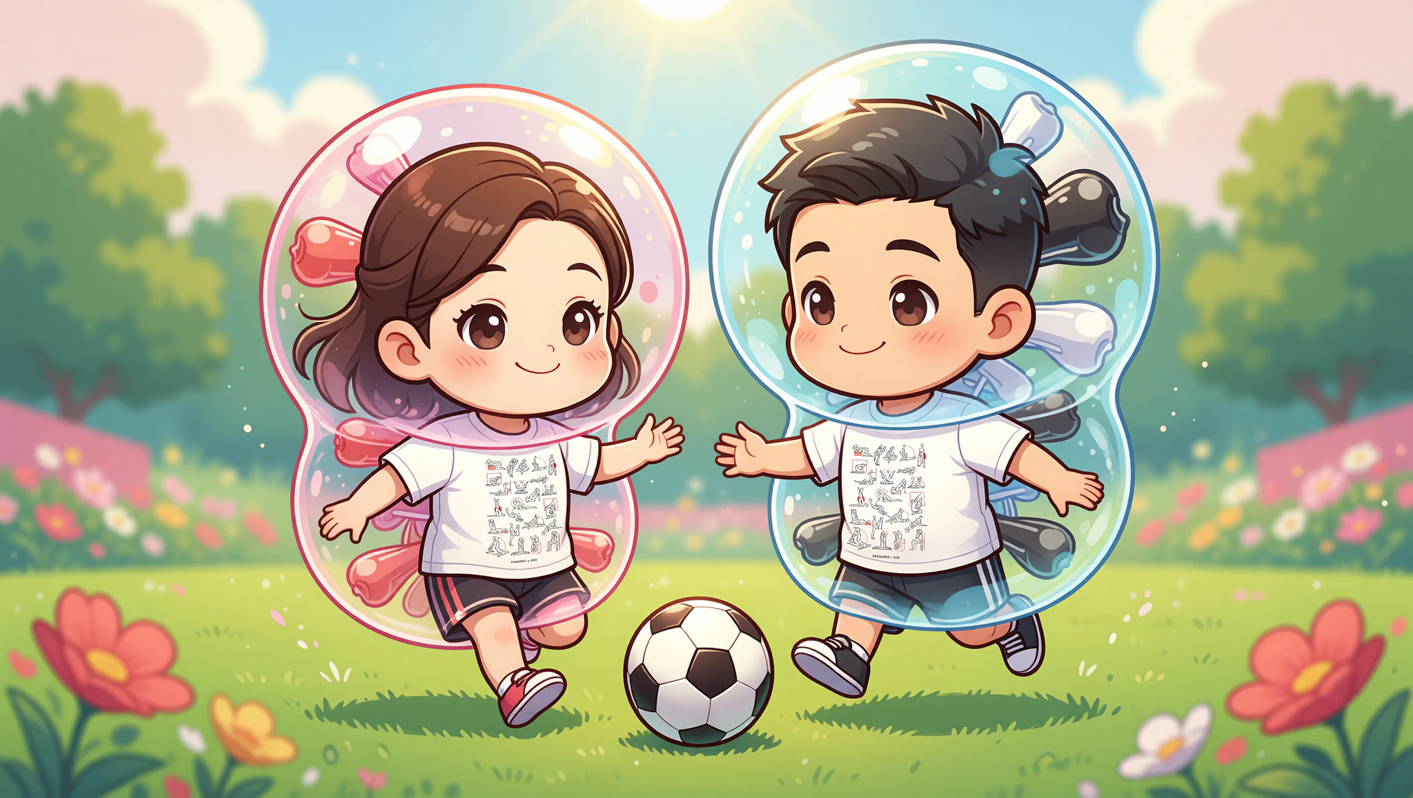 Chibi couple in bubble soccer wearing Kamasutra Cute tees