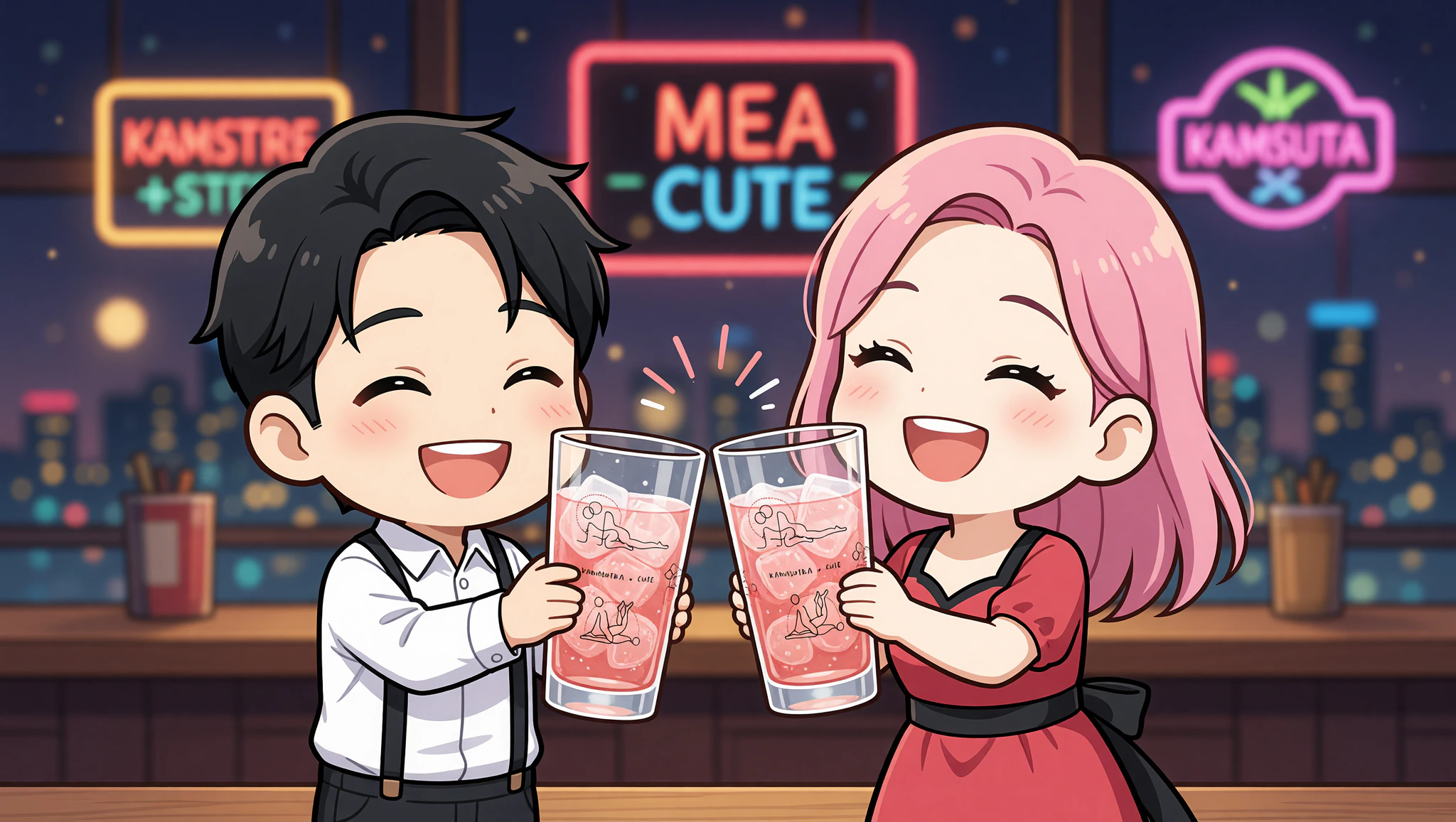 Couple enjoying competitive cocktail shaker game at bar with Kamasutra Cute glasses.