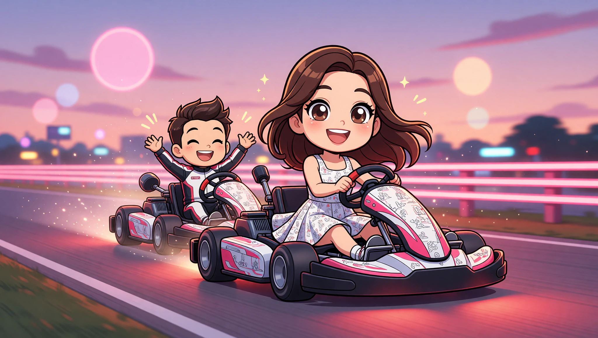Couple in Kamasutra Cute Skater Dress enjoying go-kart date challenge