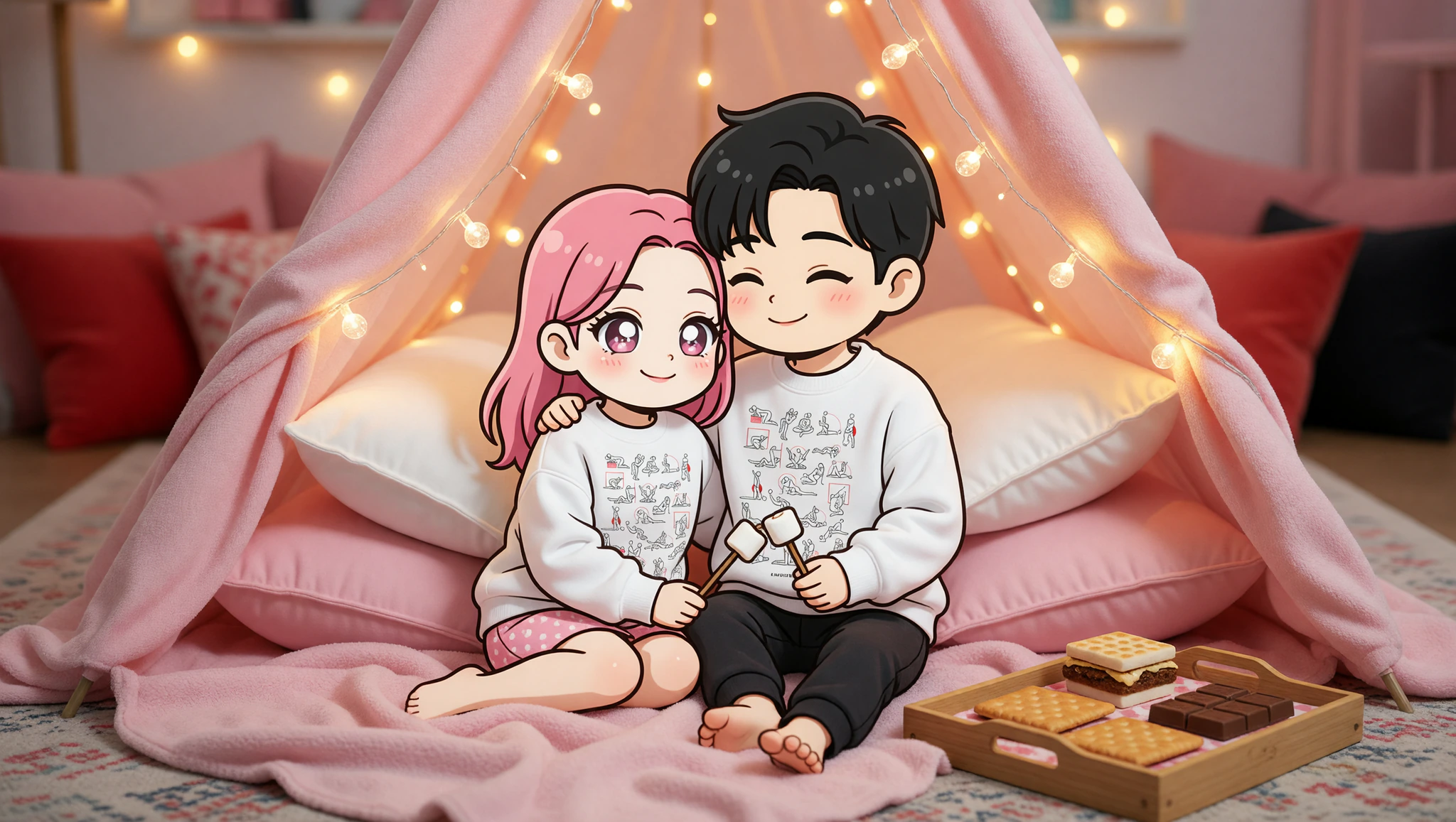 Couple in Kamasutra Cute sweatshirts enjoying indoor camping date night