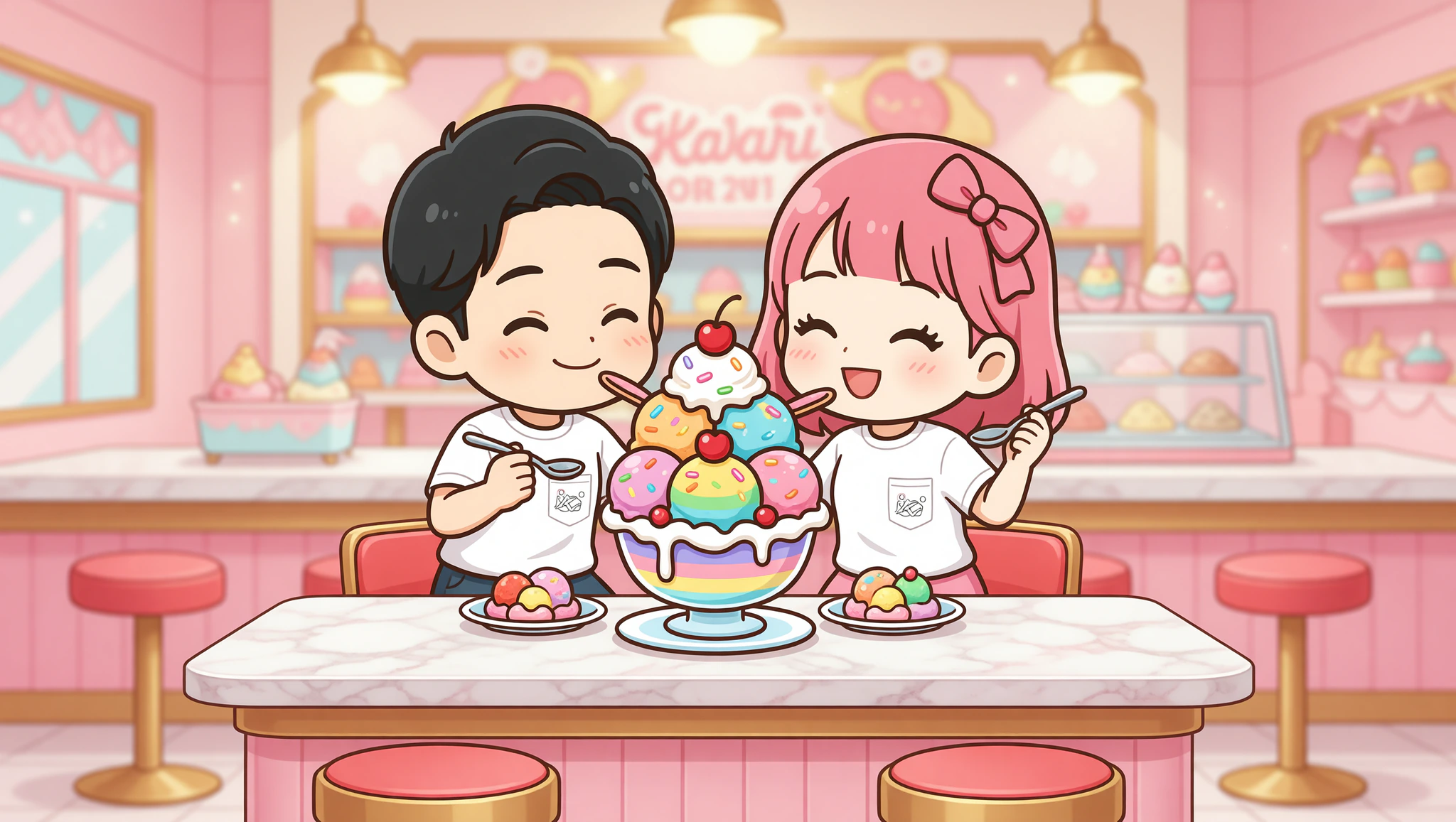Chibi couple in Kamasutra tees sharing sundae on parlor date