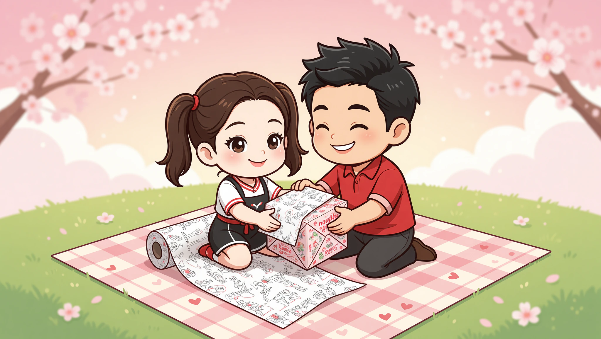 Chibi couple wrapping Kamasutra Cute paper prizes on flirty park date