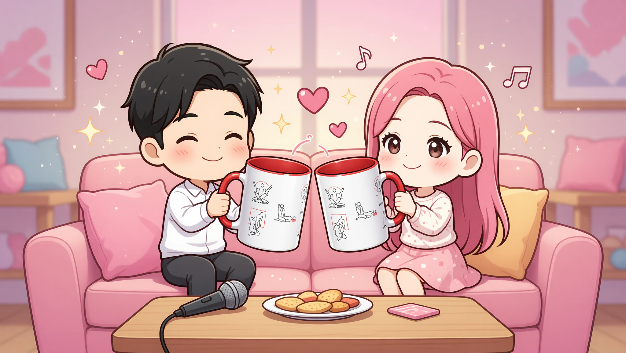 Chibi couple sipping flirty mugs post-karaoke