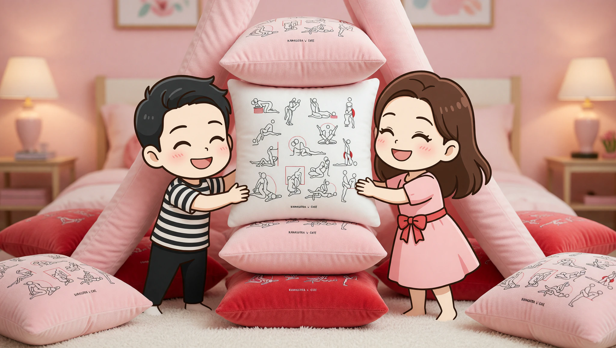 Chibi couple building kawaii pillow fort