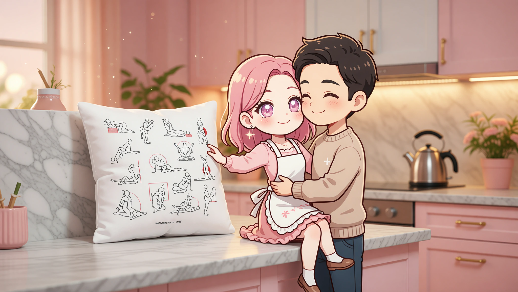 Lovers sharing a flirty countertop perch position in their sunlit kitchen.