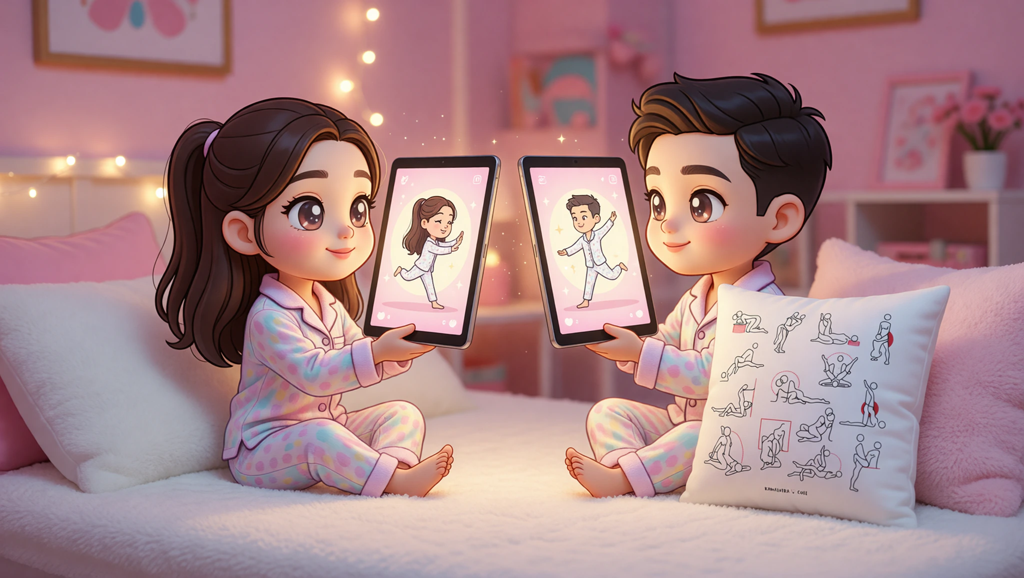 Pareja heterosexual fusionando pasión en pose Kamasutra a distancia con almohada elevada para conexión ardiente.