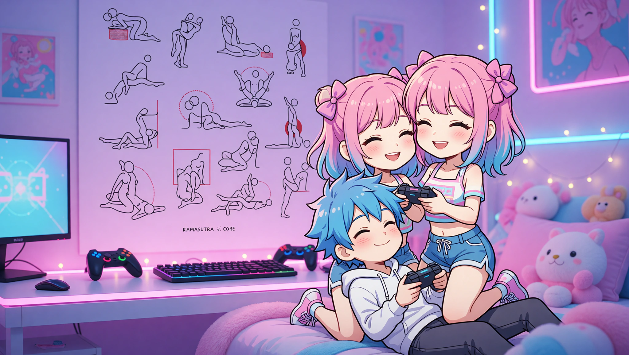 Pareja gamer hombre y mujer en posición íntima ardiente inspirada en videojuegos, con controles y luces neón alrededor.