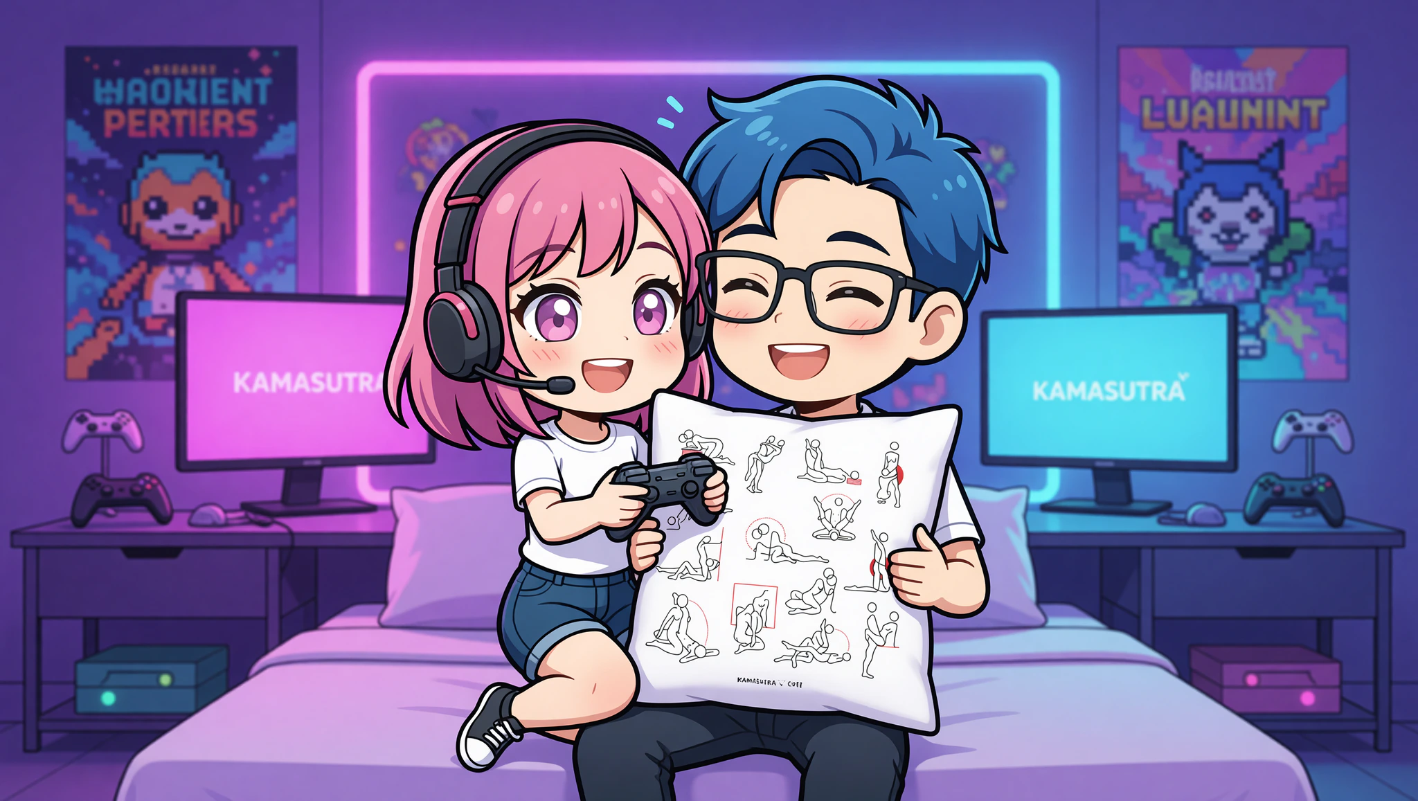 Pareja apasionada en posición vaquera en dormitorio gamer, conectados en éxtasis ardiente.