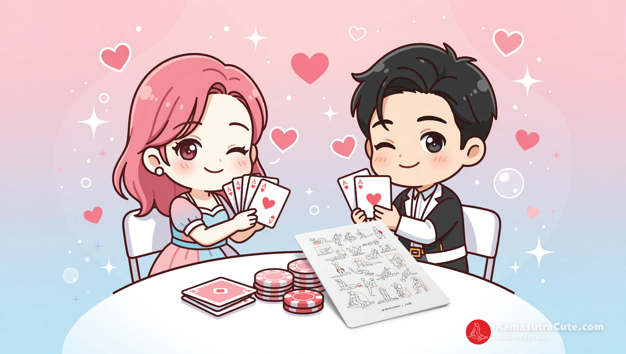 Couple on no-touch gaming date with Kamasutra Cute Poker Cards.
