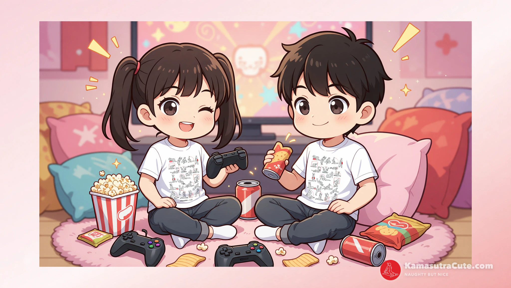 Couple thriving in gaming marathon wearing Kamasutra Cute tees.