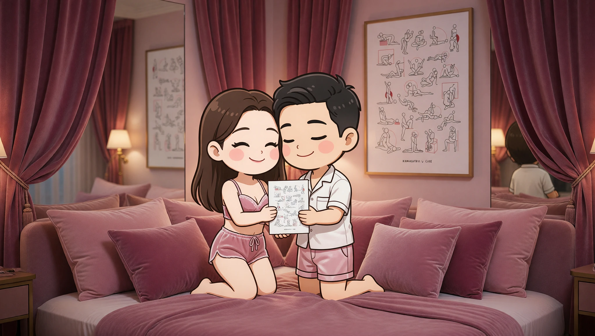 Ein verliebtes Paar entspannt sich in einem mit harmonischer Kamasutra-Schlafzimmerdeko ausgestatteten Raum.