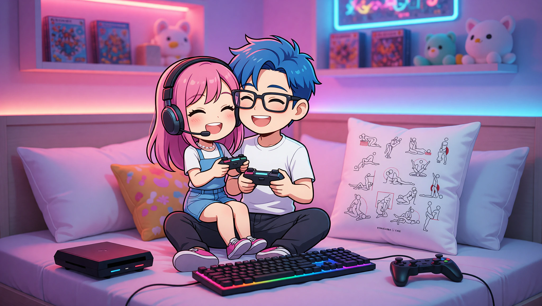 Gamer couple in a passionate high score thrust position surrounded by gaming gear.
