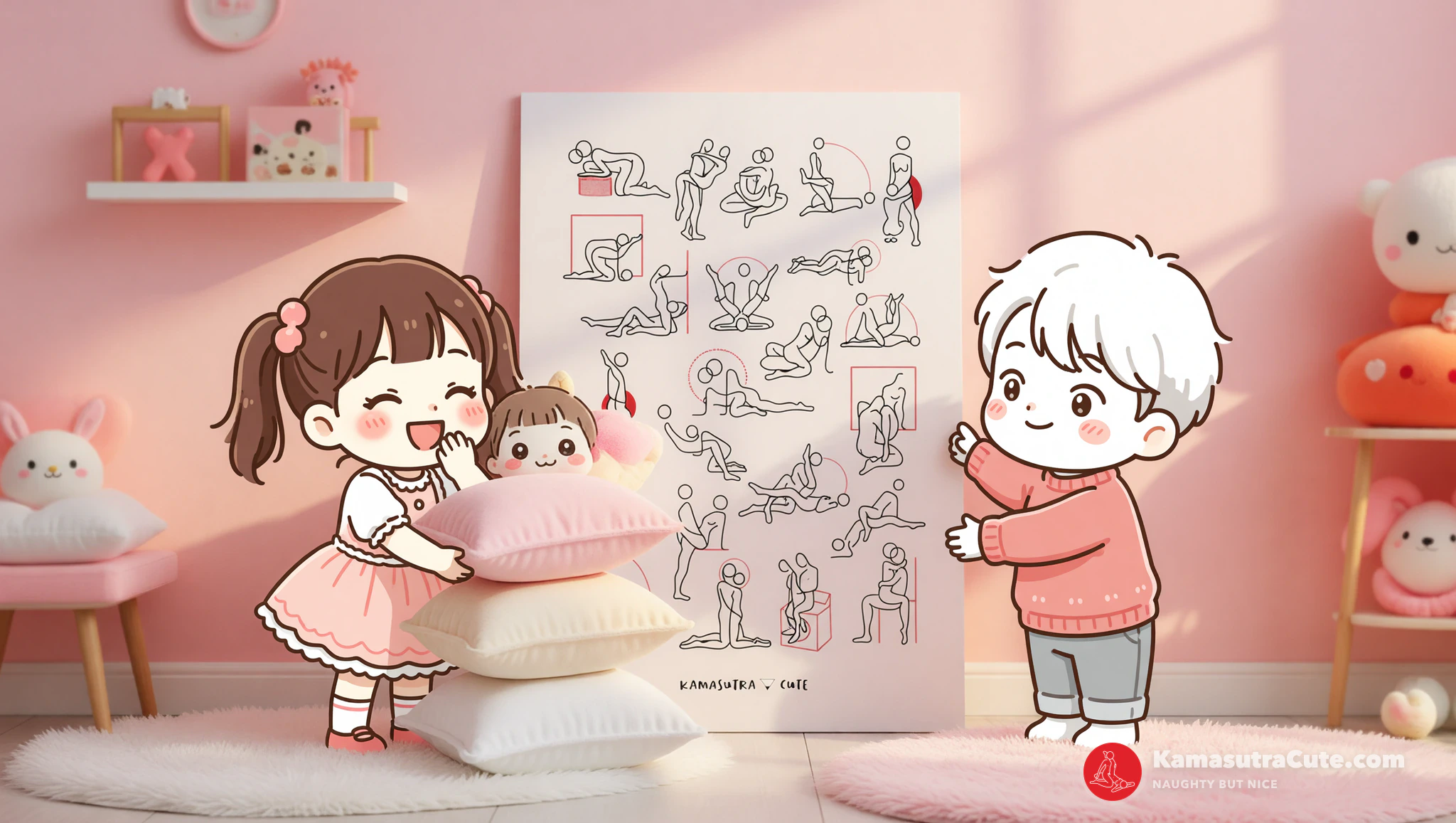 Stylish home decor hacks concealing spicy secrets featuring Kamasutra Cute poster.