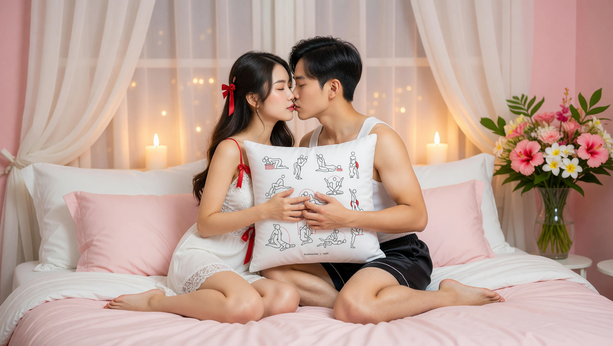 Pareja heterosexual de recién casados en pose íntima y ardiente durante su luna de miel, conectados con pasión en la cama.