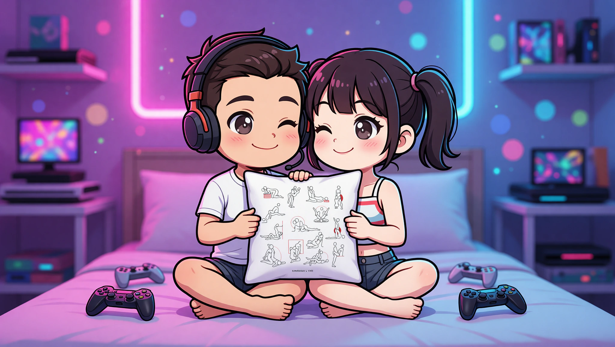 Gamer couple, man and woman, in a flirty controller-holding Kamasutra pose amidst gaming gear.
