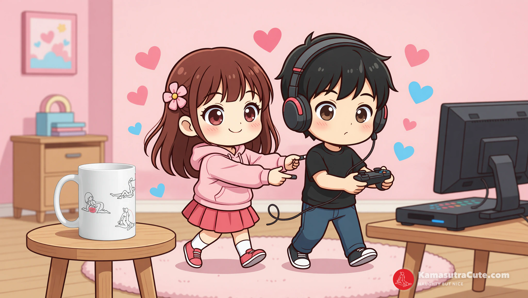 Cute couple ditching games for flirtation with Kamasutra Cute mug nearby.