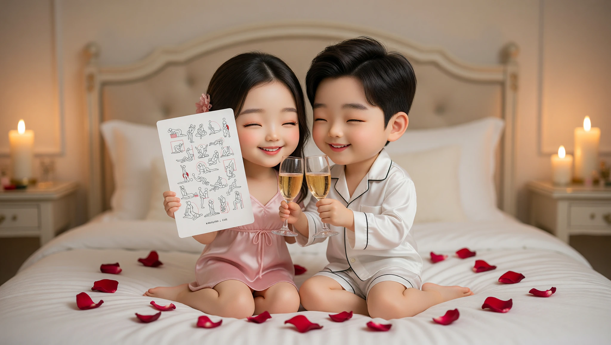 A man and woman celebrating their anniversary with a flirty toast in an intimate bedroom embrace.