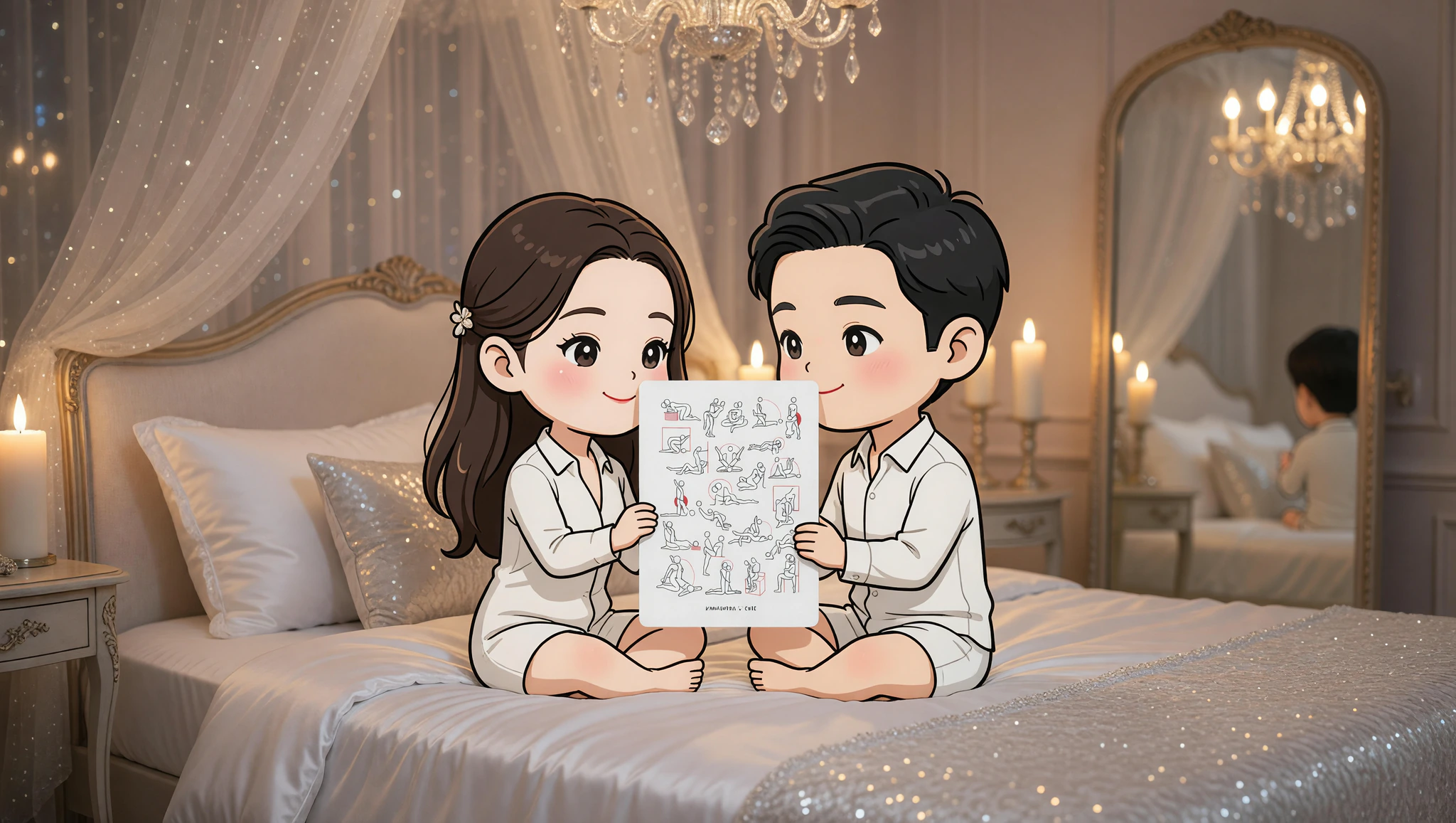 A man and a woman in a passionate lotus embrace surrounded by elegant bedroom decor including candles and silk sheets.