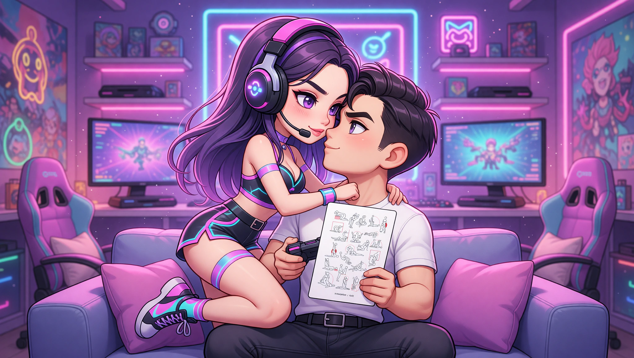 Gamer couple intensely exploring a power play passion position in their gaming setup.