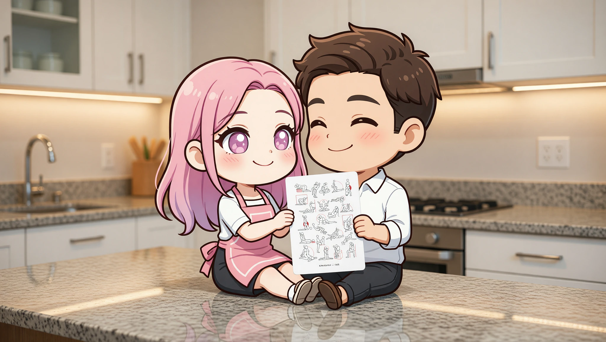 Pareja heterosexual disfrutando de una posición íntima y ardiente contra la encimera en una cocina acogedora.