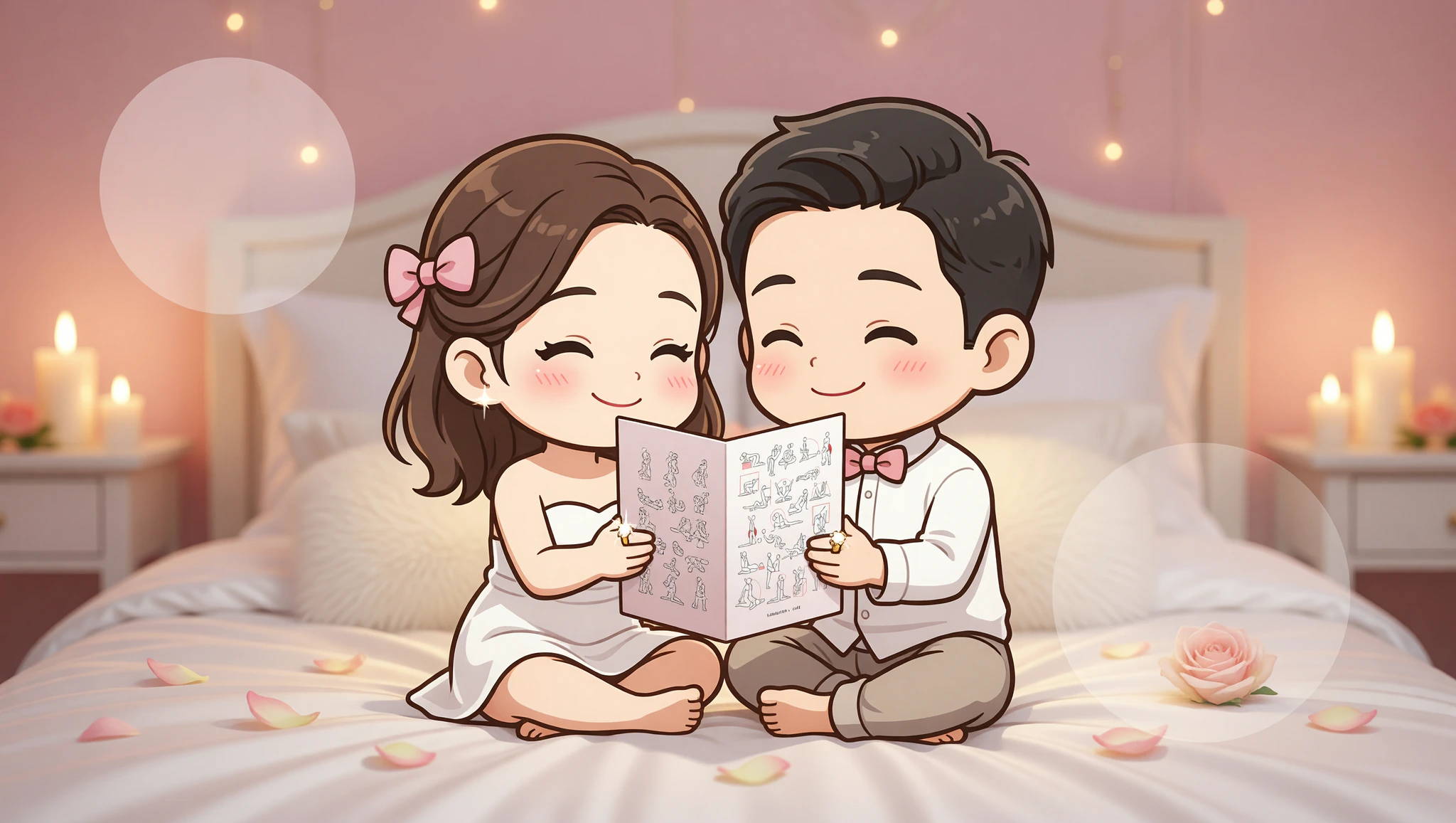 Pareja heterosexual apasionada renovando votos en dormitorio romántico con velas.