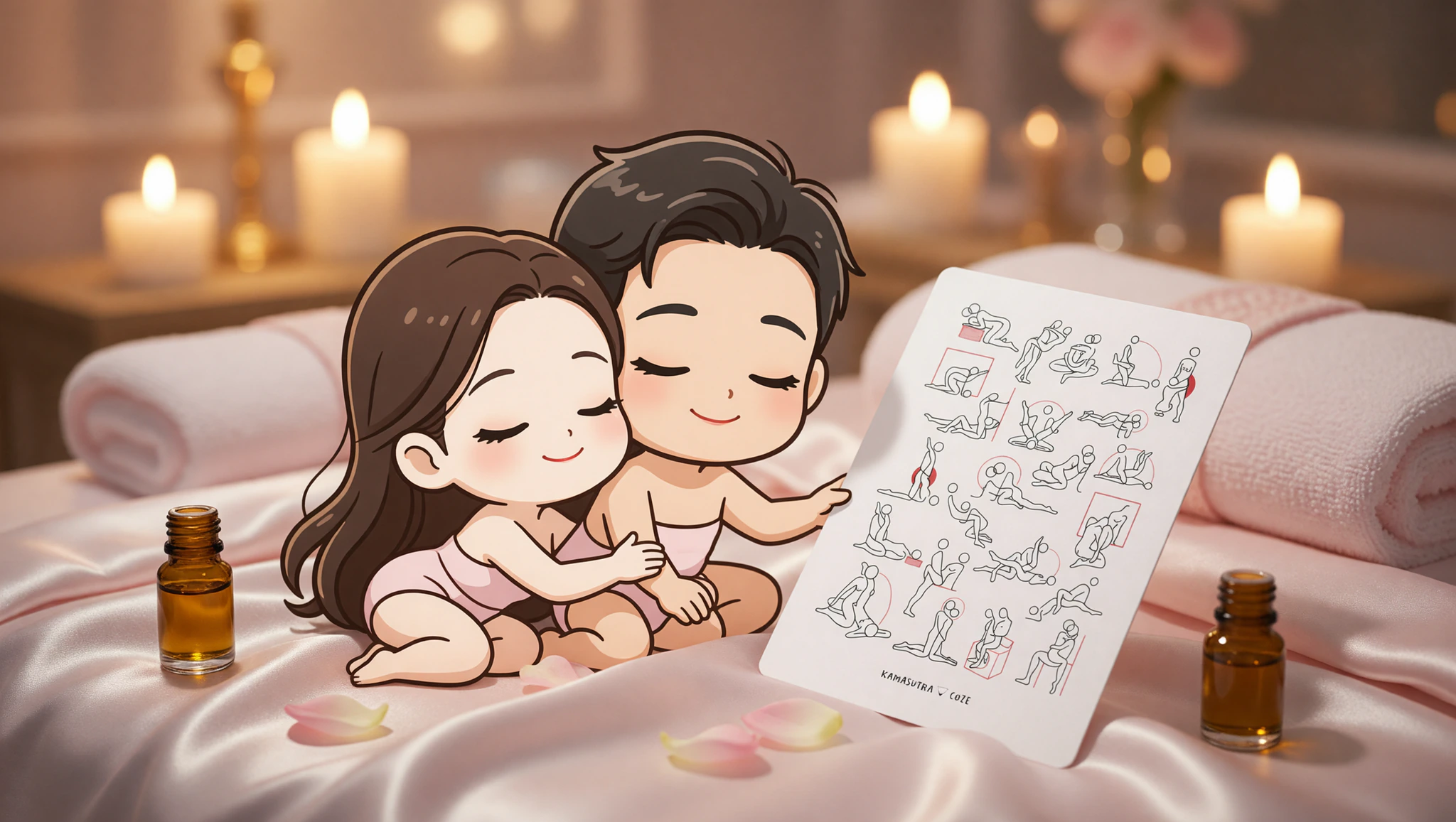 A man and woman relaxing in a silky spooning position amid a home spa setup with soft lighting and silk fabrics.