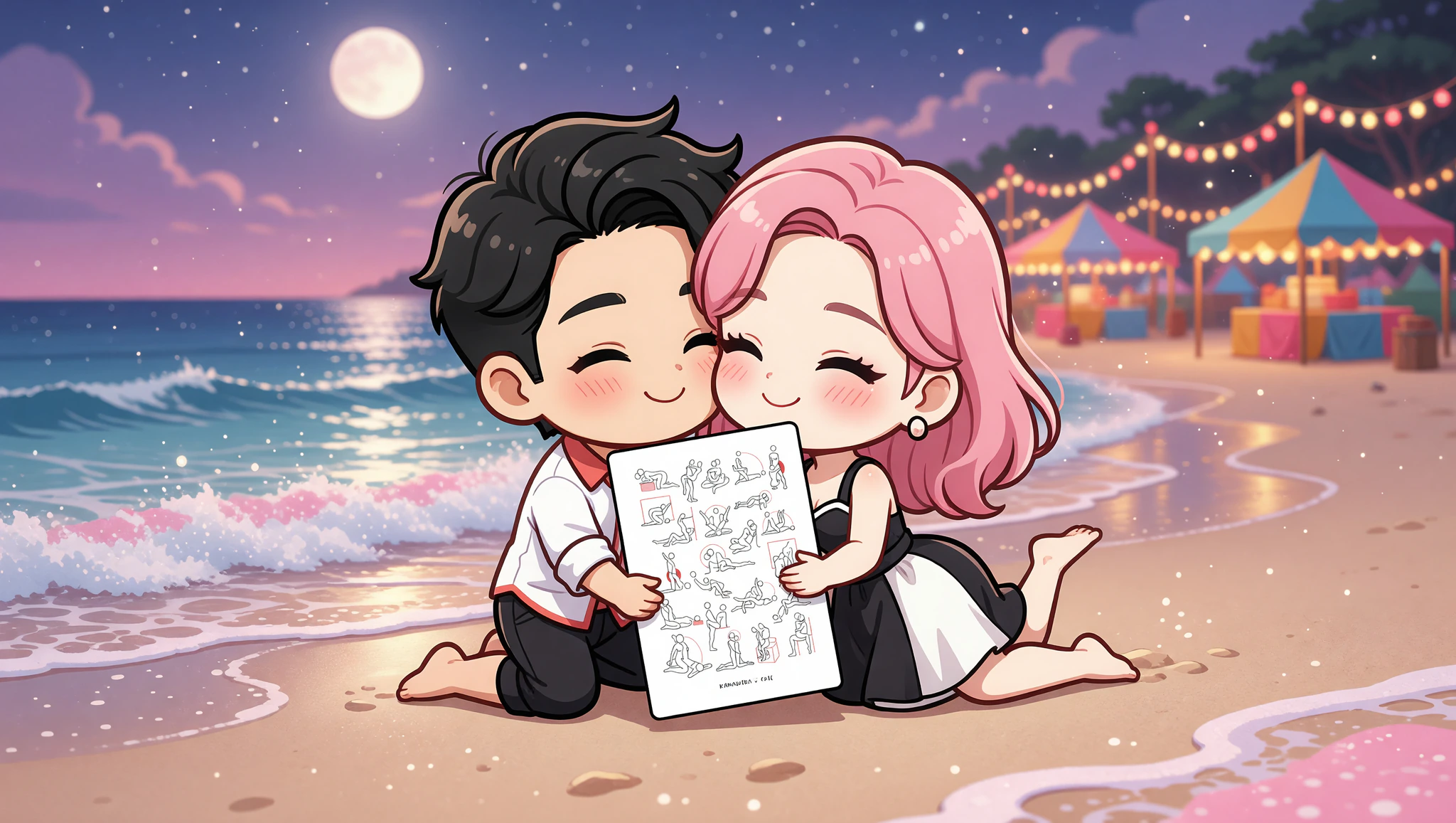 Pareja apasionada de hombre y mujer en un festival, probando una posición ardiente bajo luces coloridas.