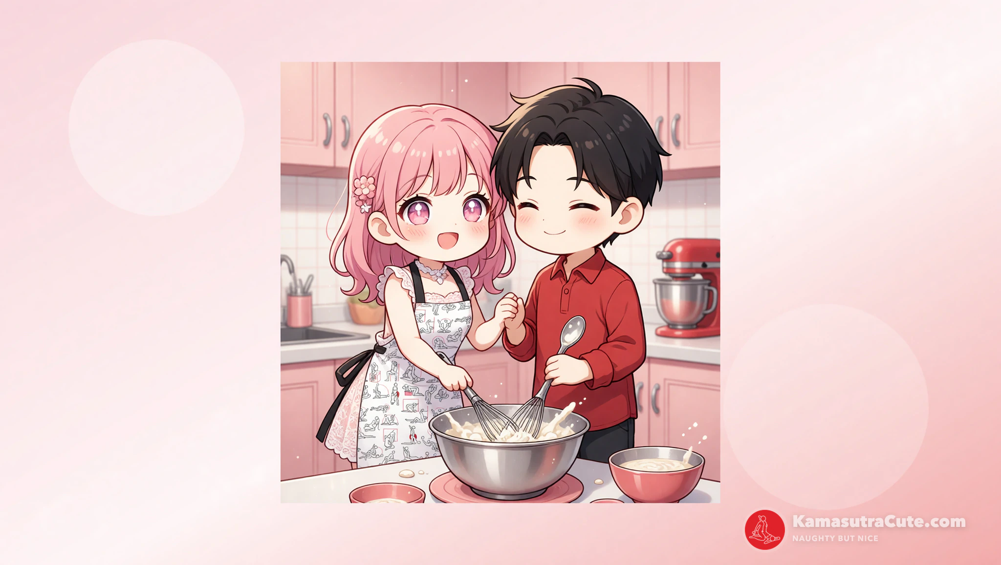 Couple enjoying naked baking with Kamasutra Cute - Apron