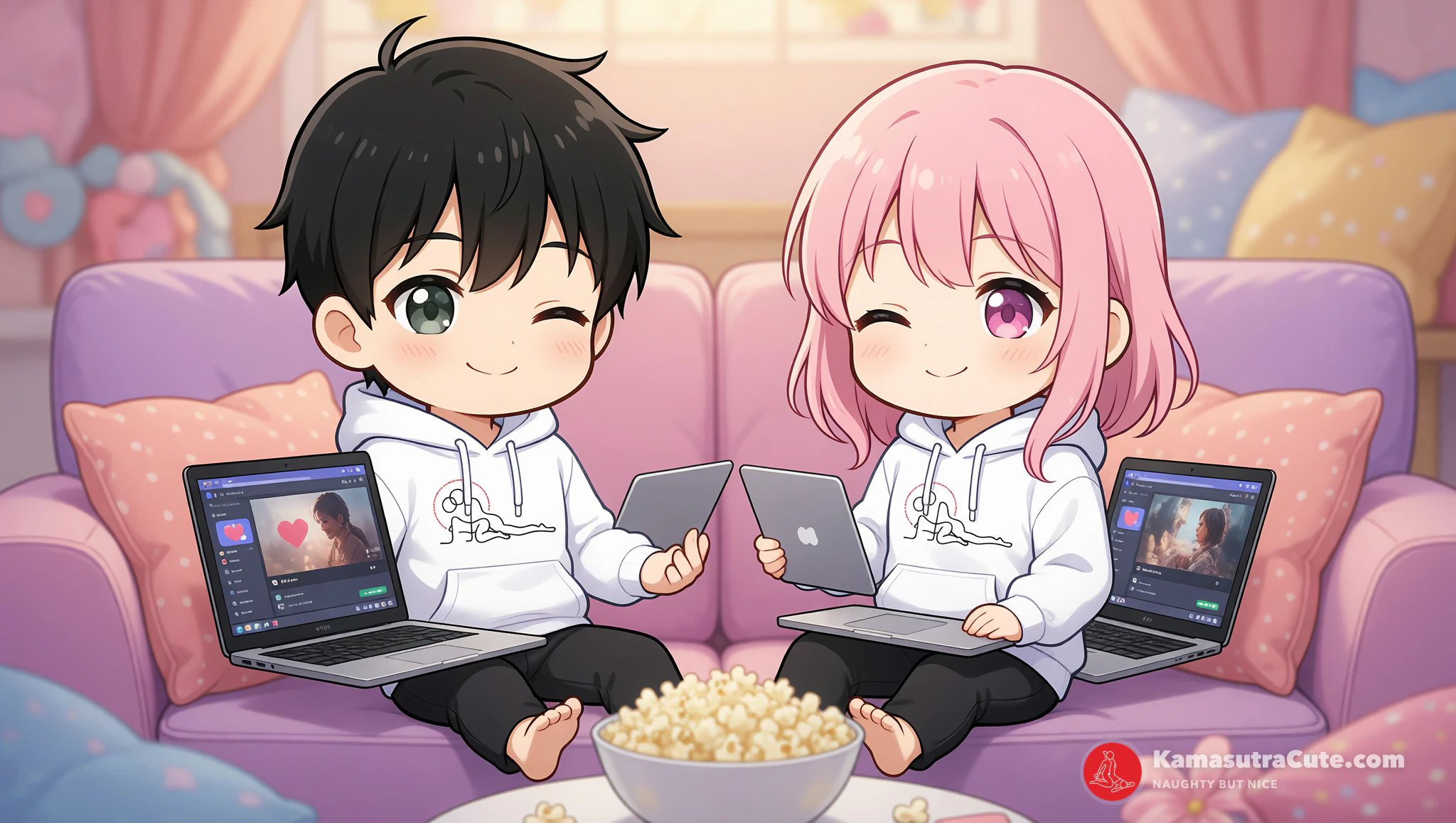 Couple in Kamasutra Cute hoodies enjoying spicy Discord movie date.