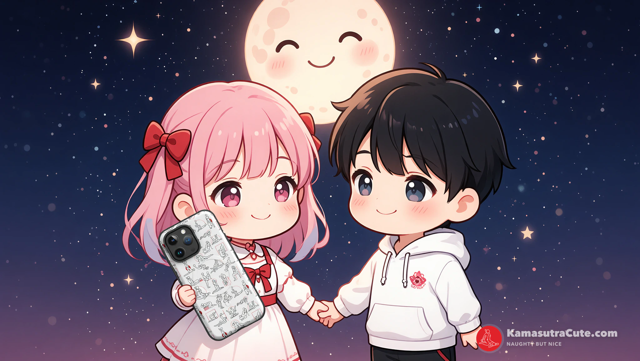 Couple sharing flirty midnight picnic under stars