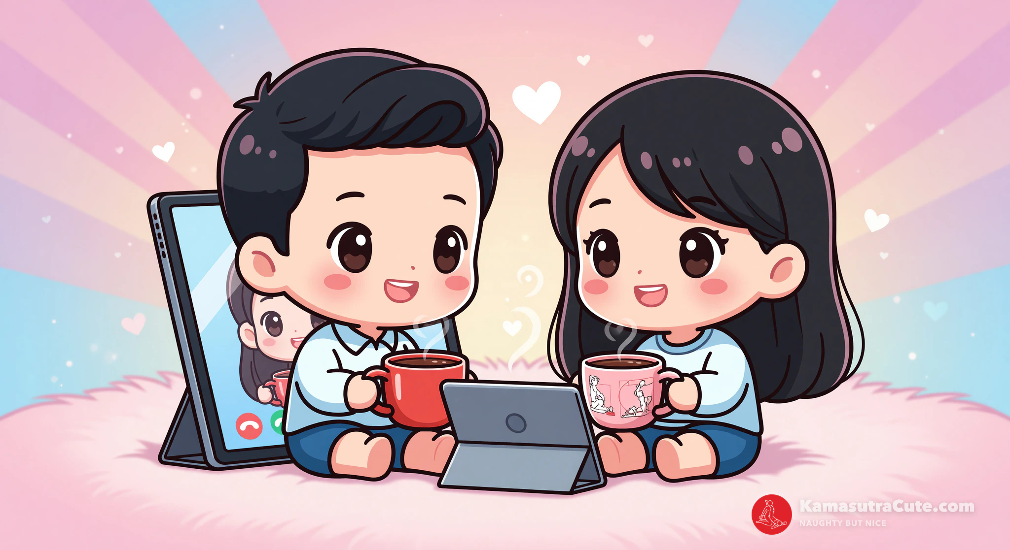 Couple enjoying virtual morning coffee date with matching white glossy mugs.