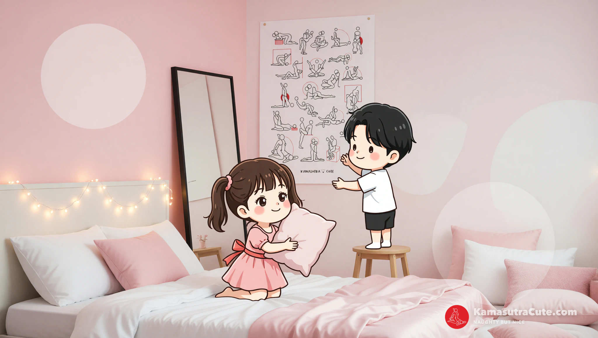 Minimalist naughty bedroom featuring Kamasutra Cute poster and seductive styling.