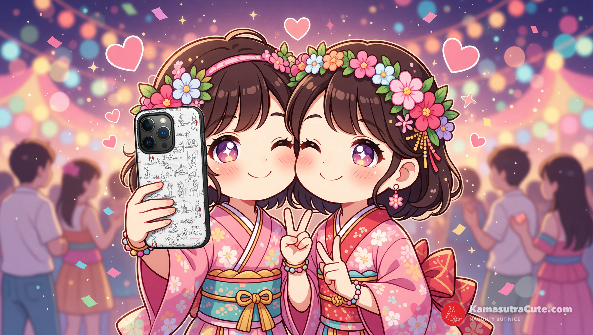 Flirty couple snapping perfect festival photos with Kamasutra Cute phone case.